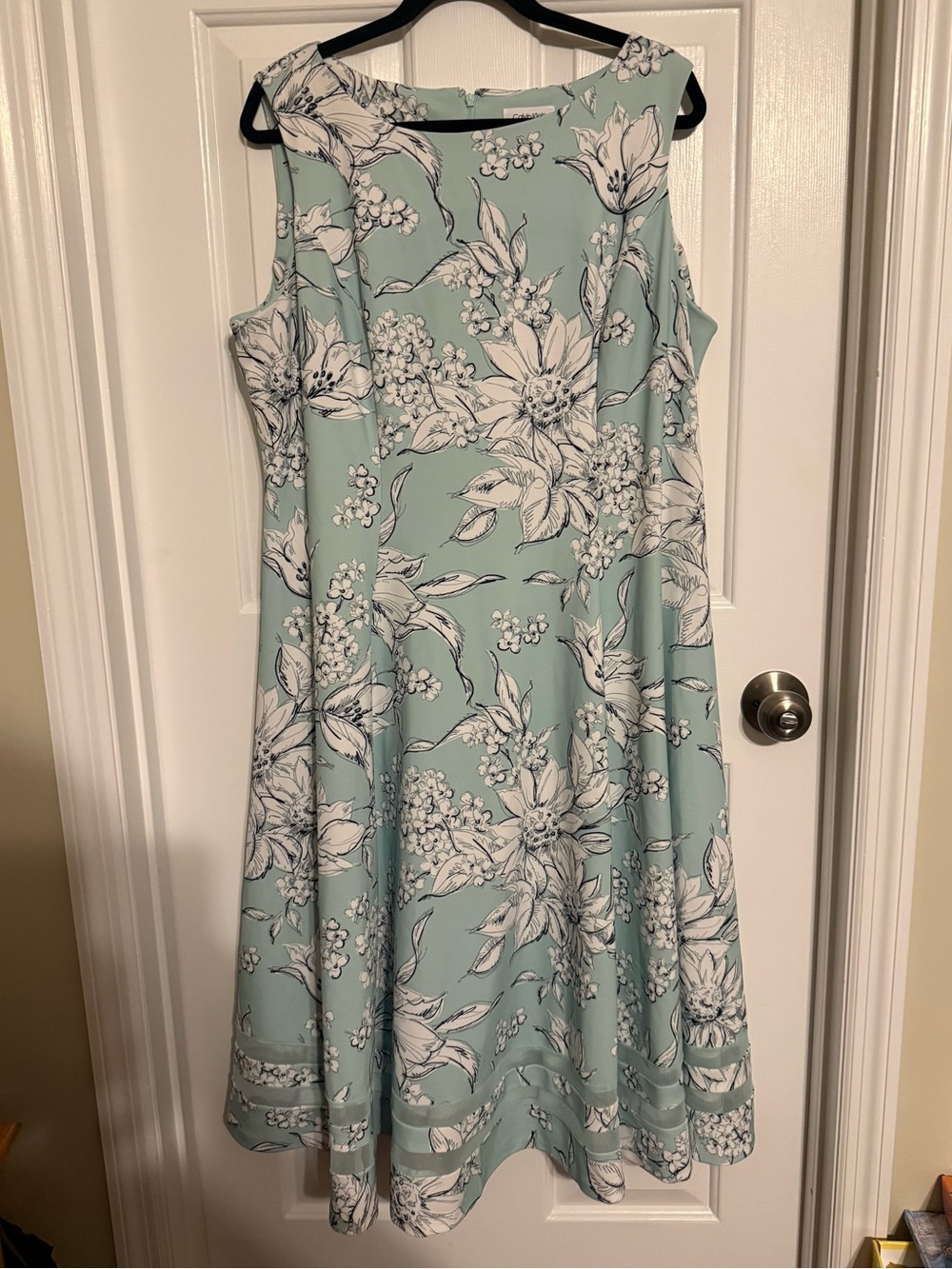 Calvin Klein Mint Green Floral Midi Dress Sheer Mesh Hem 16W